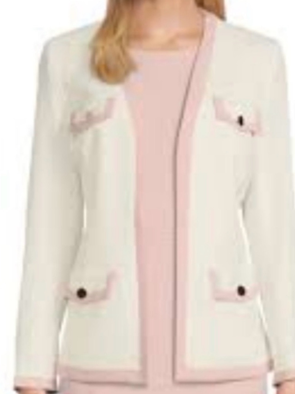 Kasper Cream and Pale Pink Open-Front Tweed Jacket